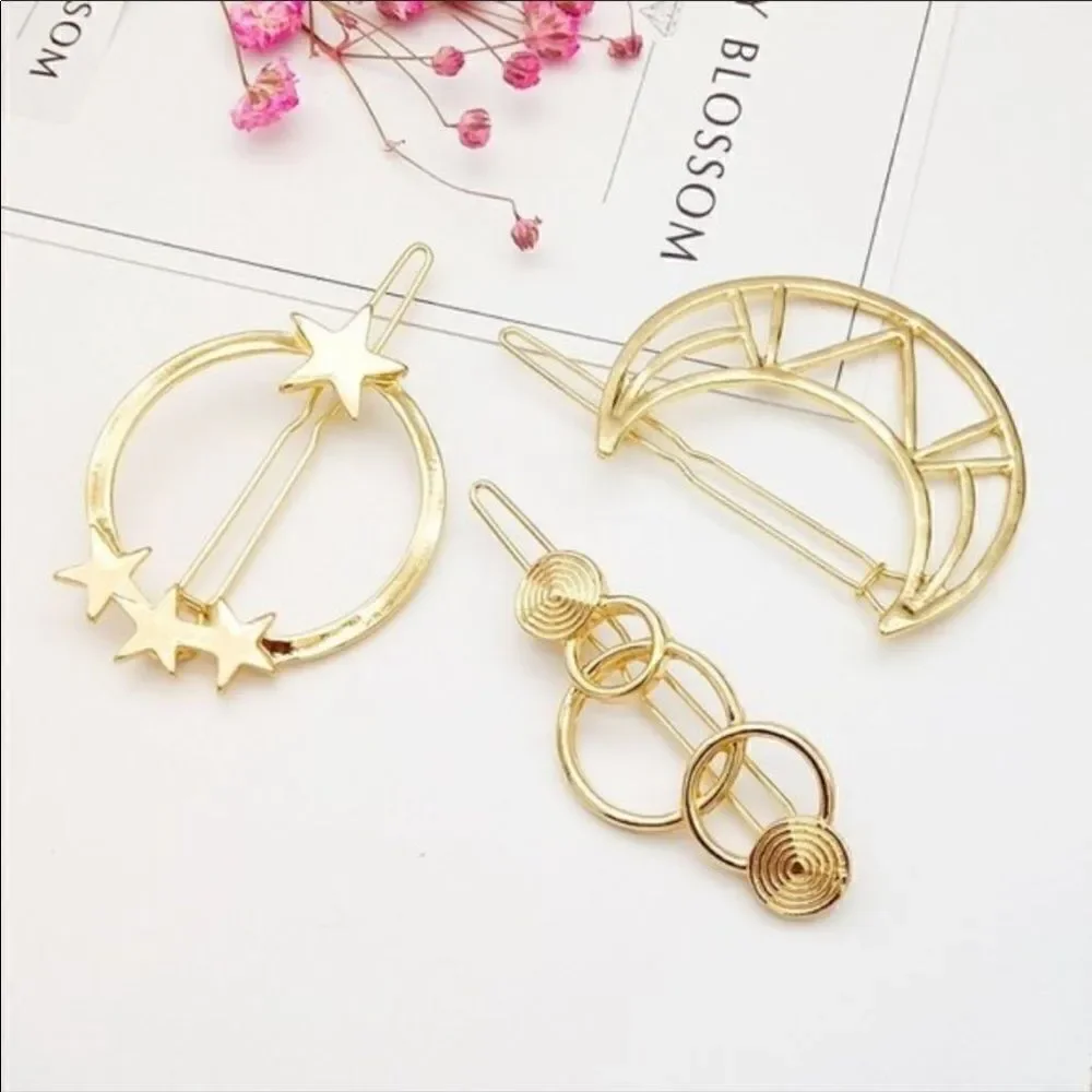 ⭐️ LOT Gold Hair Clips Barrettes Moon Stars Sun